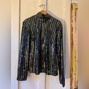 NWT Anthropologie Maeve Stripe Sequin Turtleneck Blouse in Blue: Size Medium